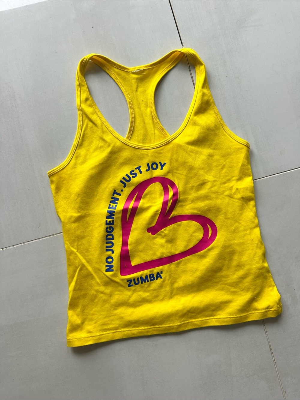Zumba Fitness Yellow Racerback Tank with Pink Heart & Blue Text